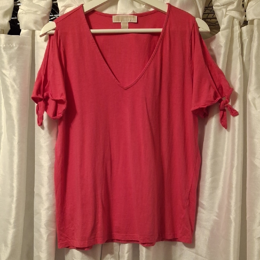 Michael Kors V-Neck Cold Shoulder Short Sleeve Top Lg ❤️❤️❤️❤️